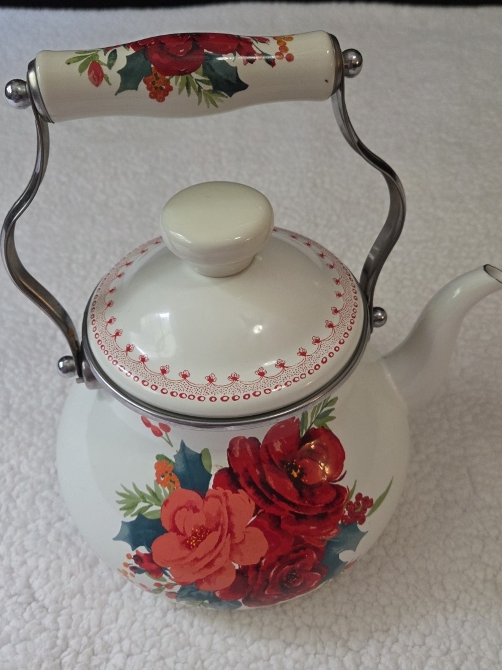 Pioneer Woman Tea Pot Kettle Holiday Cheerful Rose Enamel 1.9 Quart Steel